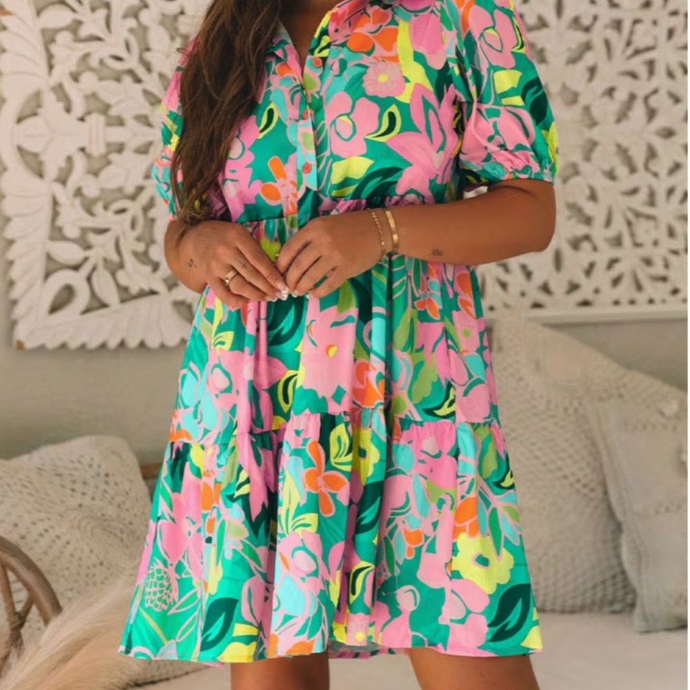 Spring/ Summer Green Flower Puffs with Sleeve & Collar Button Dress, Sz L Large